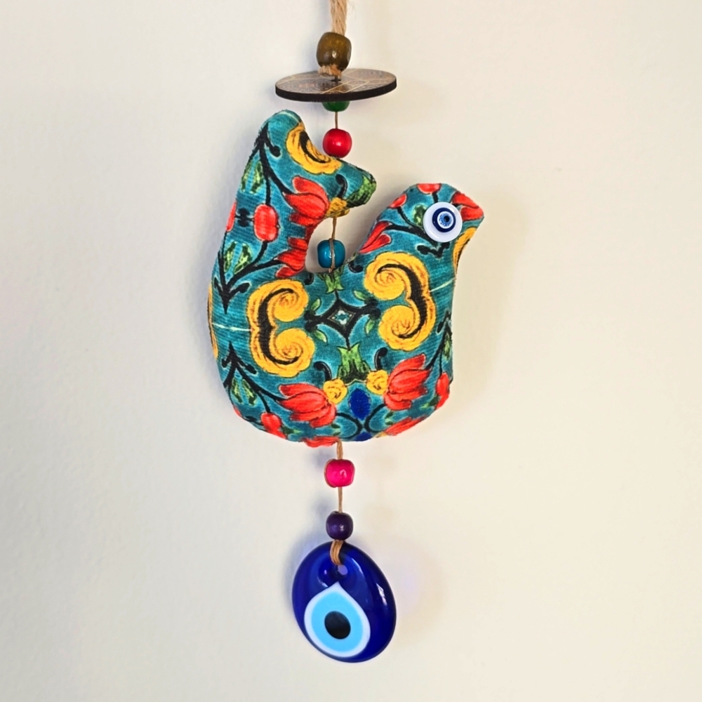 Wall Decorating Amen Bird Blue Evil eyes Handmade Colorful Fabric 11"×4"